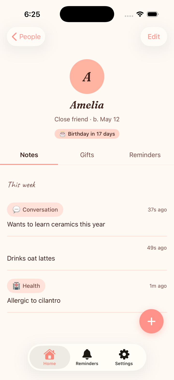 Contact detail — Amelia's profile with notes and gifts