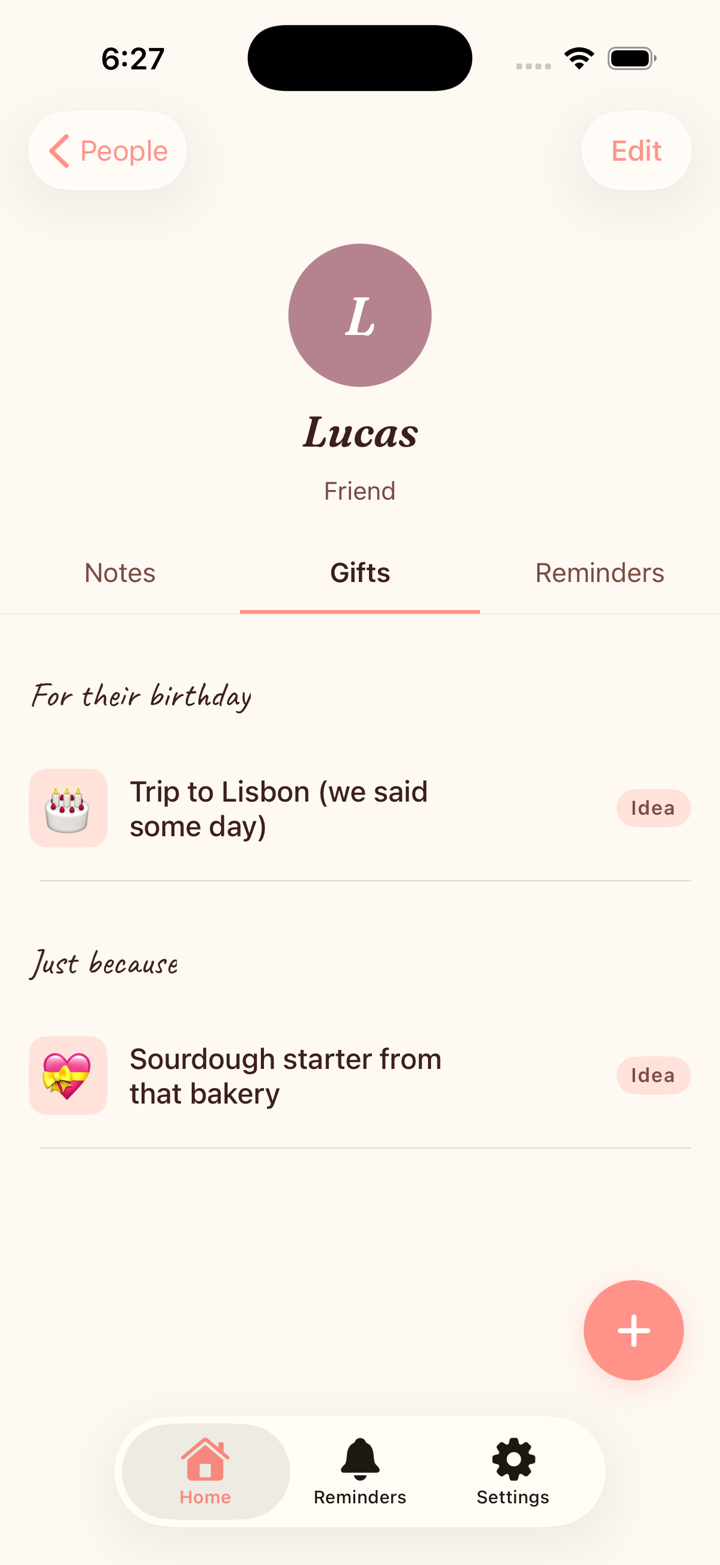 Gifts tab — saved gift ideas grouped by person