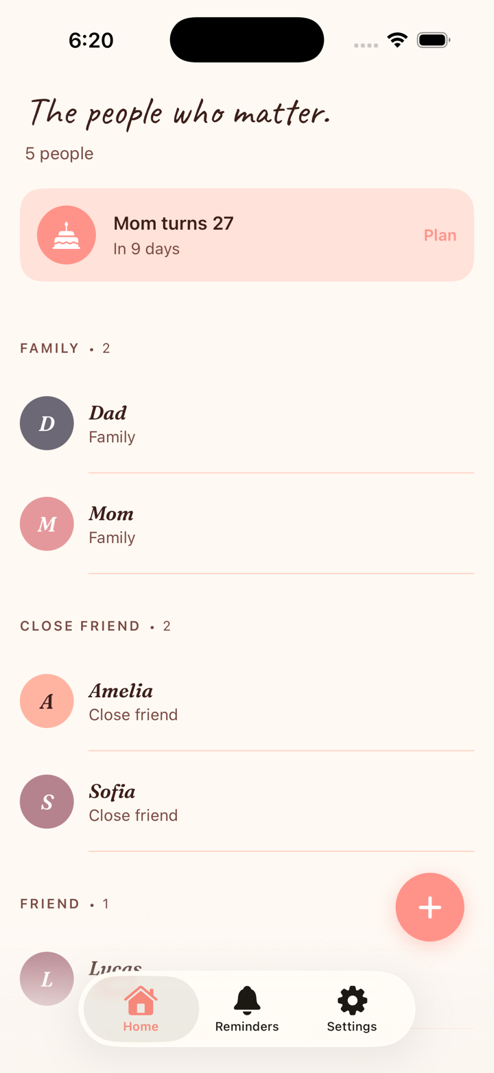 KindKeep home — your people in one warm place, with the next birthday pinned at the top