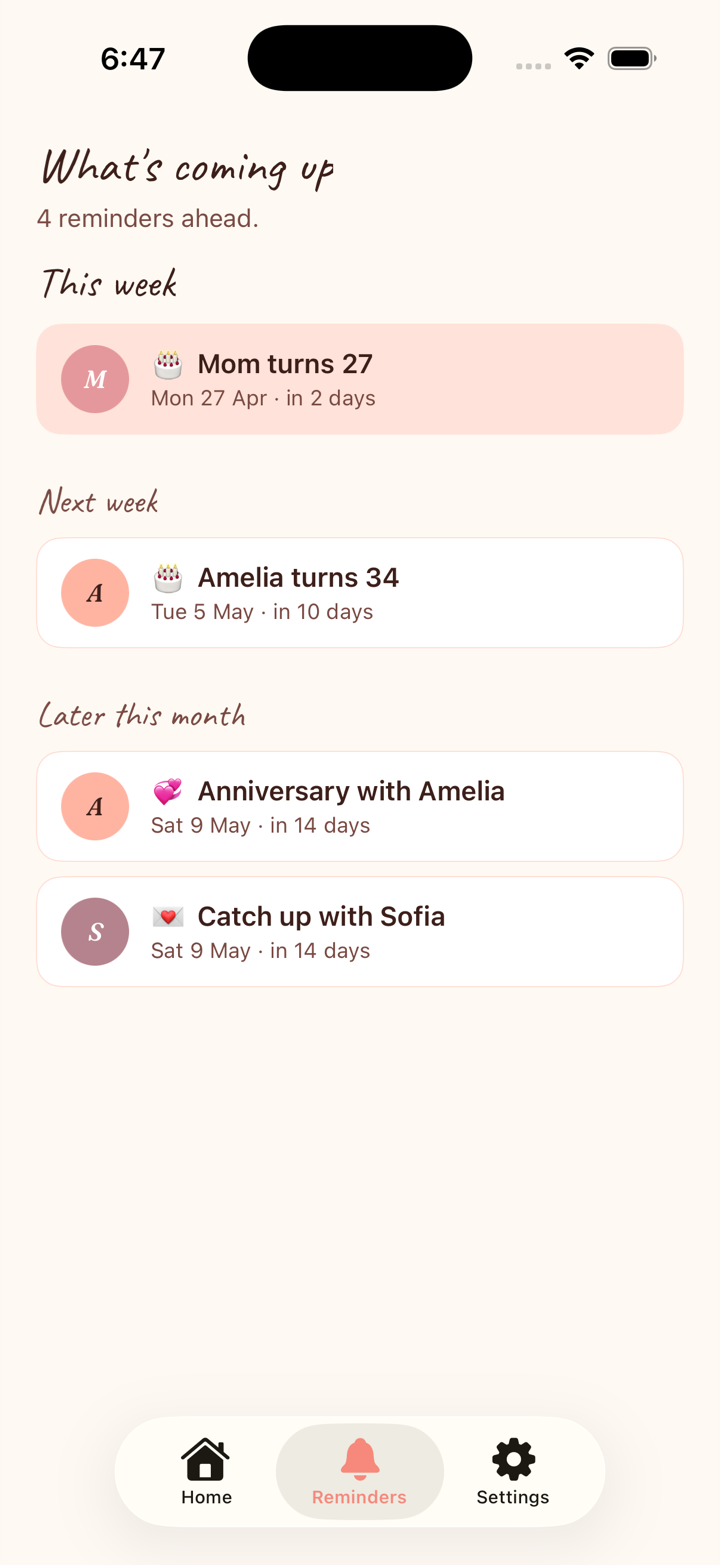 Reminders timeline — Mom's birthday, Amelia's anniversary, Sofia's check-in